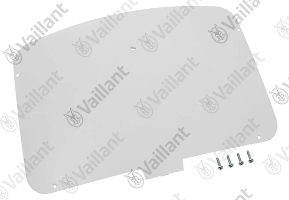 Vaillant Abdeckung in rechteckiger Form, weiß, mit mehreren Befestigungslöchern und einer Aussparung an der unteren Kante, zusammen mit vier Schrauben.